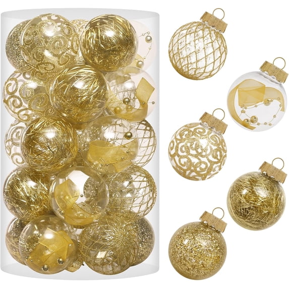 60MM/2.36" Clear Christmas Ornaments Set, 25PCS Shatterproof Decorative Hanging Ball Ornament with Stuffed Delicate Decorations, Xmas Tree Balls for Holiday Party