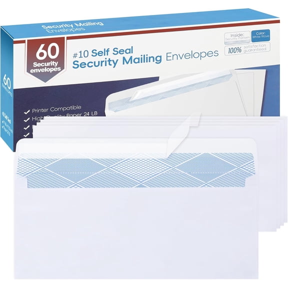 60PCS #10 Envelopes Letter Size Self Seal Business Envelopes No Window Security Mailing Envelopes Size 4-1/8 x 9-1/2 Inch - White 24LB Paper