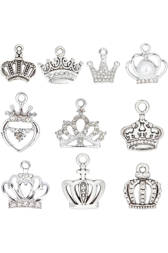 60PCS 10 Styles Charms Princess Charm Silver King Rhinestone Cubic Zirconia Queen Hollow Crowns Charms