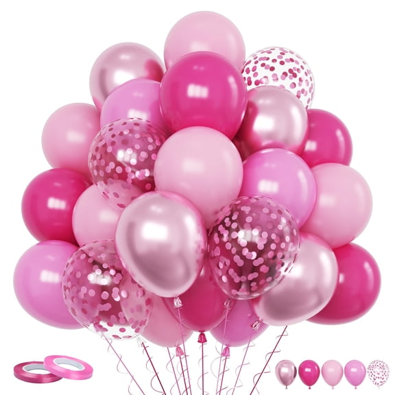 60PCS Pink Party Balloons 12Inch, Latex Helium Balloons with Confetti for Women Bridal Shower Princess Birthday Wedding Decor, Pastel Metallic Pink