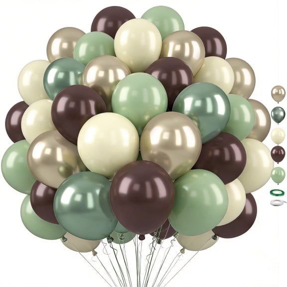 60PCS 12inch Sage Green Brown Safari Balloons, Dusty Olive Green Coffee Beige Metallic Gold Eucalyptus Latex Balloon for Woodland Baby Shower Birthday Party Decorations