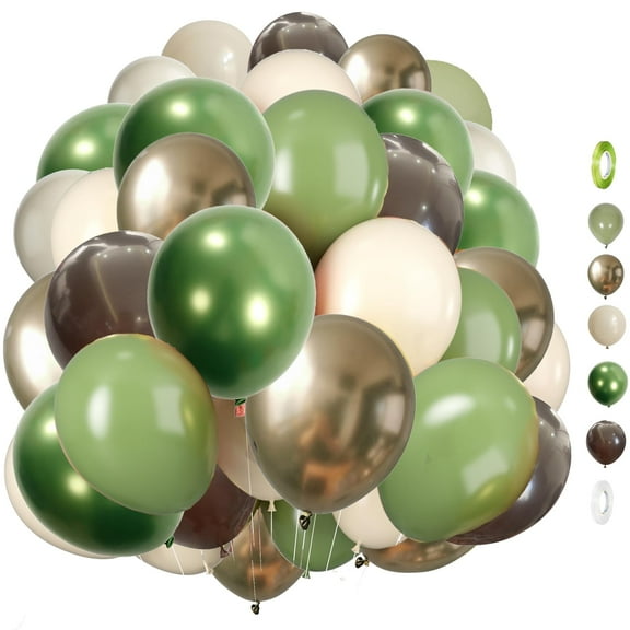 60PCS 12inch Sage Green Brown Safari Balloons, Dusty Olive Green Coffee Beige Metallic Gold Eucalyptus Latex Balloon for Woodland Baby Shower Birthday Party Decorations