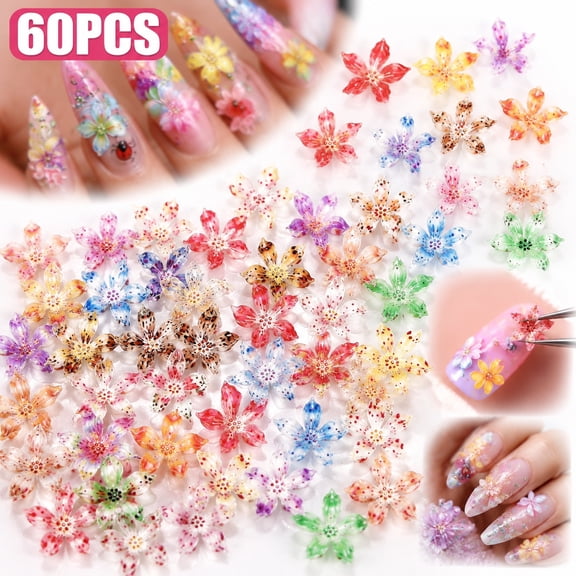 60PCS 3D Hawaiian Flower Nail Charms, Tropical Hibiscus Nail Rhinestones, Floral Nail Gems for Summer Nails, DIY Nail Art Decorations, Manicure Supplies for Women Girls (Colorful)