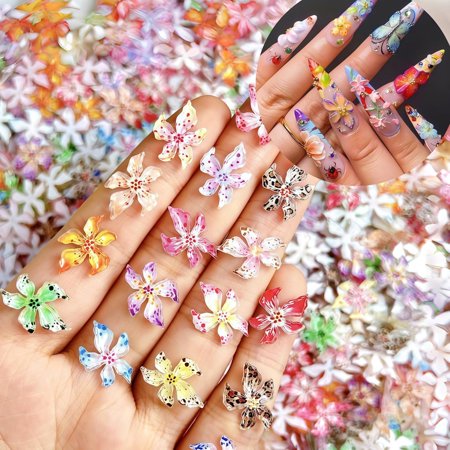 60PCS 3D Hawaiian Flower Nail Charms, Tropical Hibiscus Nail Rhinestones, Floral Nail Gems for Summer Nails, DIY Nail Art Decorations, Manicure Supplies for Women Girls (Colorful)