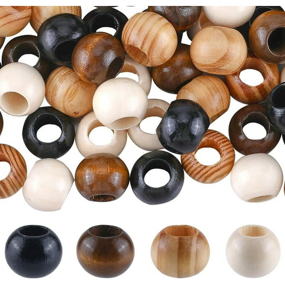 60PCS 4 Styles Large Loose Wooden Beads 20MM Natural Round Spacer Ball Bead 10MM Hole Brown Black Blank Unfinished Wood Hair Macrame Beads Pony for DIY Jewelry Making Christmas Bracelets Adults