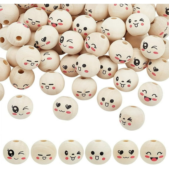 60PCS 6Styles Smile Face Wood Beads 0.7 inch Round Wooden Beads with Expression Pattern 4.5mm Hole Cornsilk Color Printed Wood Beads Natural Wood Smiley Face Beads