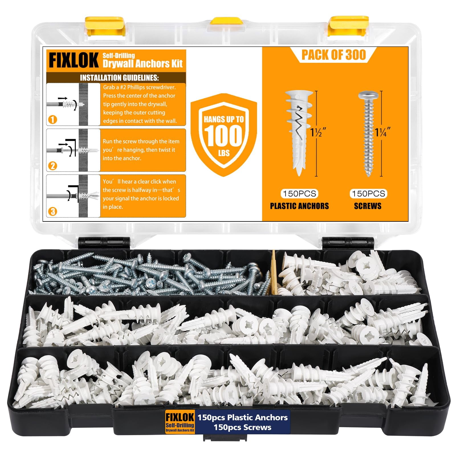 60PCS #8 Self Drilling Drywall Anchors with Screws Kit - 30#8×1-1/4" Screws and 30 Nylon Anchors,No Pre-Drill Required,100LBS Heavy Duty Wall Anchors for Hanging