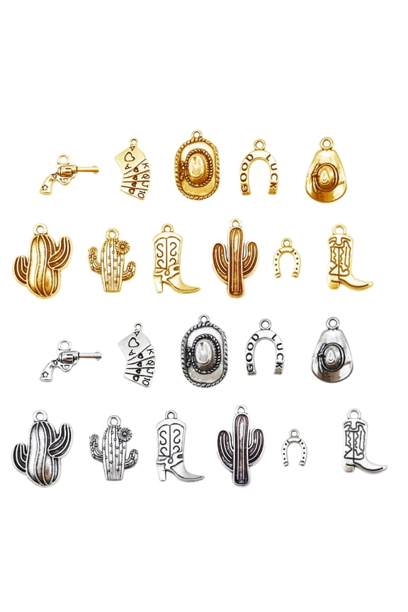 48PCS Antique Gold&Silver Western Cowboy Theme Charms Alloy Cactus Hats Boots Cowgirl Jewelry Pendant for DIY Necklace Bracelet Earrings Accessories Crafts Keychain Decor