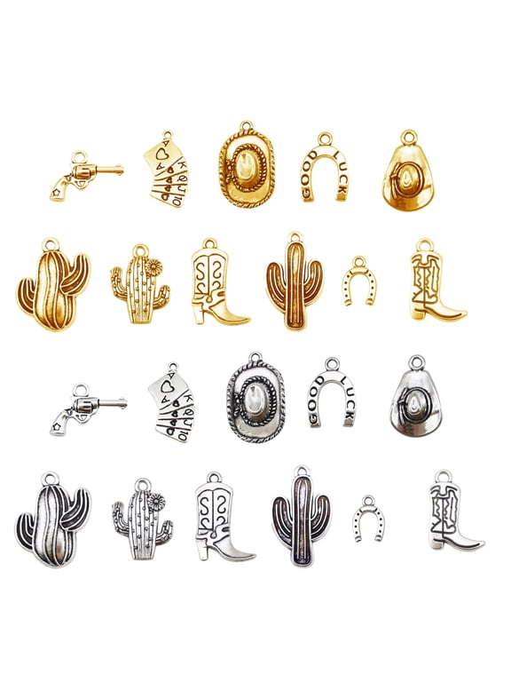 48PCS Antique Gold&Silver Western Cowboy Theme Charms Alloy Cactus Hats Boots Cowgirl Jewelry Pendant for DIY Necklace Bracelet Earrings Accessories Crafts Keychain Decor