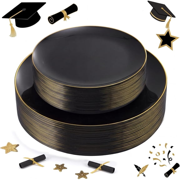60PCS Black Plastic Plates - Black Disposable Plates with Gold Rim for Halloween Party/Graduation - Include 30Pcs 10.25inch for Dinner and 30Pcs 7.5inch for Dessert