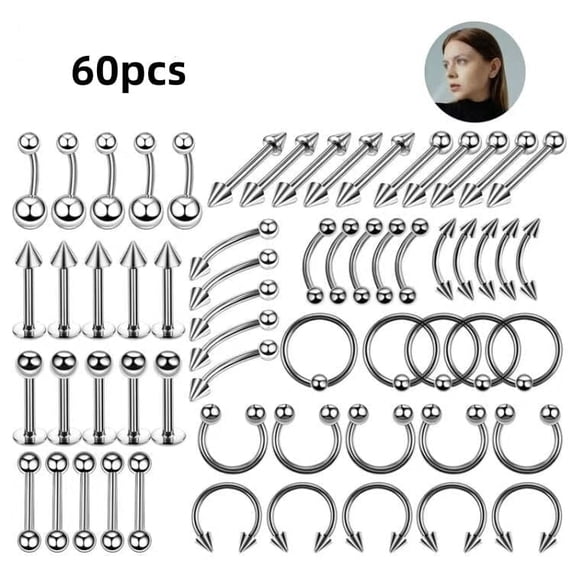 60PCS Body Piercing Kit, 316L Stainless Steel Piercing Jewelry Set with Piercing Needles, Clamps, Gloves and 10PCS Alcohol Pads for Nose, Lip, Navel, Ear