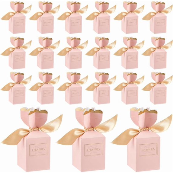 60PCS Candy Gift Wrap Box Pink Candy Box DIY with Ribbon Wedding Collapsible Storage Box for Wedding Bridal Shower Birthday Party 1.9x1.9x4.7inch Pink