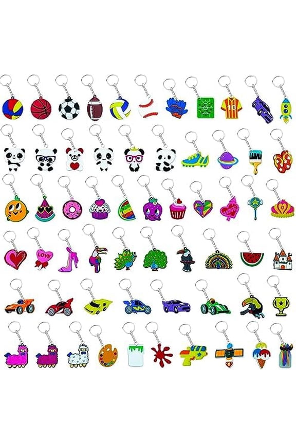 60PCS Cartoon Kids Keychains Bulk Party Favors for Kids Collectible Key Chains Ball,Donut, Sports,Truck,Fruits,Dessert,Glow-in-the-Dark Paintbrush Keychains School Day Birthday Christmas Supplies