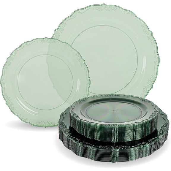 60PCS Clear Green Plastic Plates - Green Plates Disposable Heavy Duty - Disposable Plastic Plate for Party, Weddings Including Including 30 Dinner Plates 10 '' & 30 Dessert Plates 7.5 ''