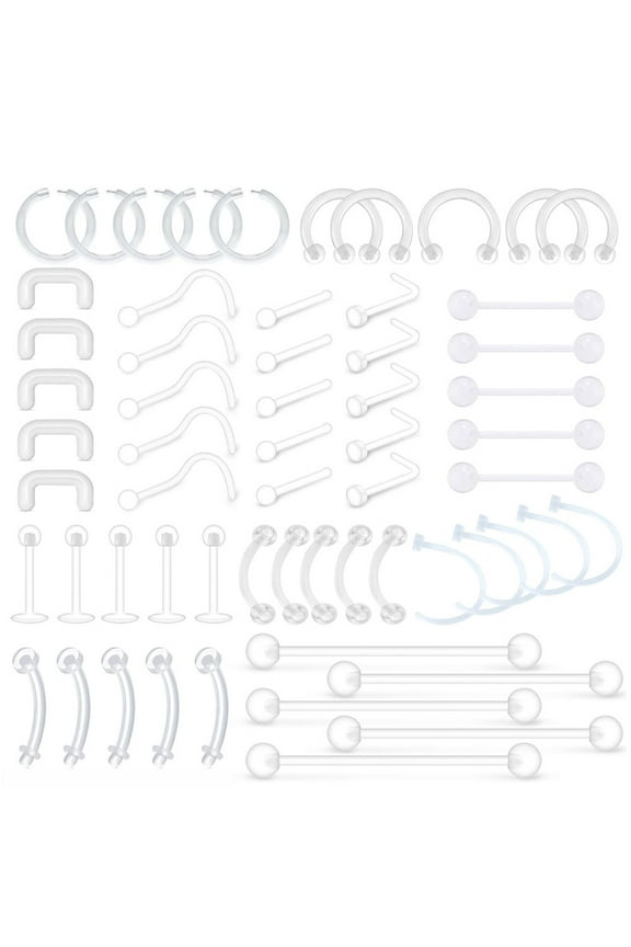 60PCS Clear Piercing Retainer Septum Retainers Nose Studs Flexible Lip Ear Nose Hoop Tongue Rings Nipple Ring Cartilage Rook Daith Earrings Plastic Industrial Piercing Jewelry Retainer
