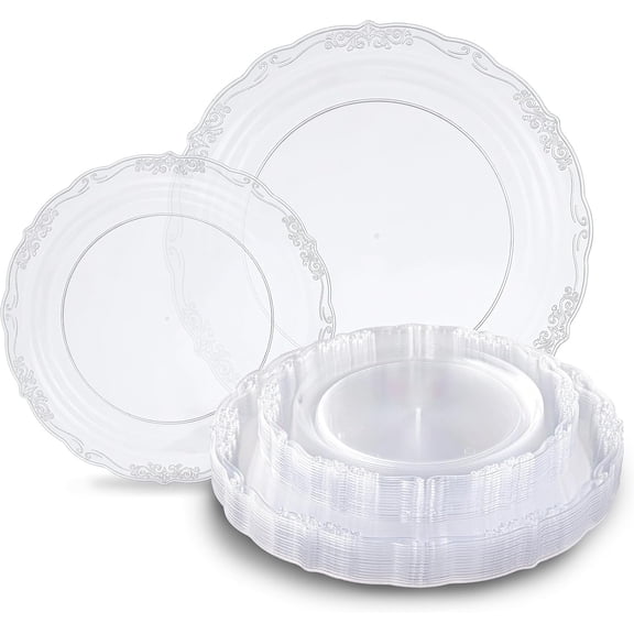 60PCS Clear Plastic Plates - Heavy Duty Clear Disposable Plates, Elegant Plastic Plates for Bridal Shower, Wedding and Party Including 30 Dinner Plates 10 '' & 30 Dessert Plates 7.5 ''