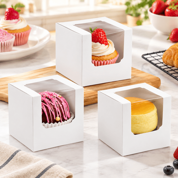 60PCS Cupcake Boxes, 3.5 Inches Individual Cupcake Containers with Window and Insert for Muffins Cocoa Bombs Packaging Togo Boxes for Birthday Party Favors