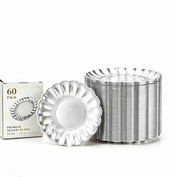 60PCS Disposable Aluminum Foil Mini Cake Plates, Flower Edge 3.5in Individual Cupcake Holders for Catering Bakery, Silver