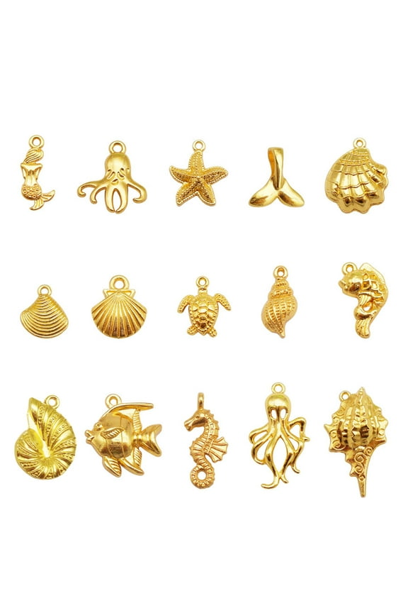 60PCS Gold Alloy Marine Life Charms Fish Mermaid Charm Shell Conch Seahorse Octopus Pendant Bracelet Jewelry Handmade DIY Accessory