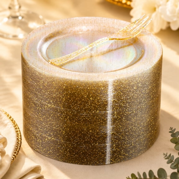60PCS Gold Glitter Disposable Dessert Plates and Forks Set, 6.3 Inch Durable Cake Plates for Party, Wedding, Birthday, and Events Serving 60 Guests