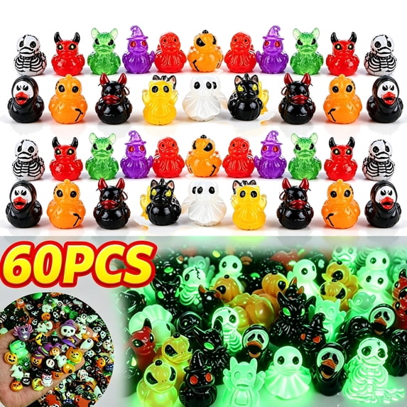 60PCS Halloween Mini Resin Ducks Glow in the Dark, Random Duck Figurines for Halloween Decoration
