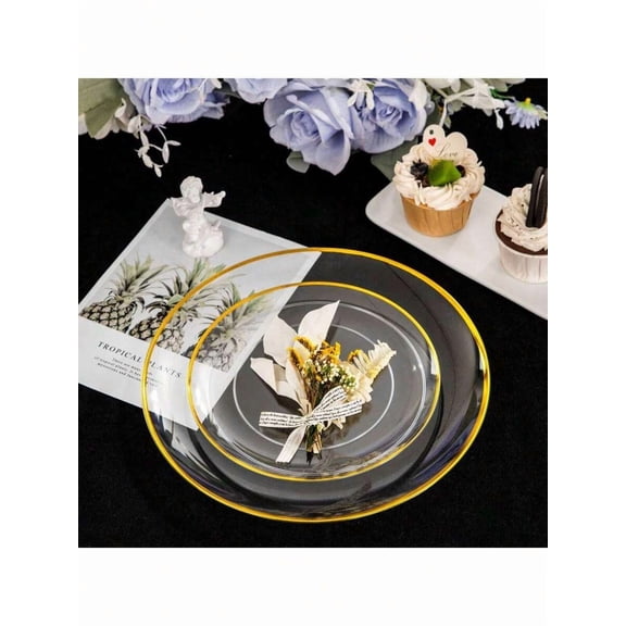 60PCS Heavy-Duty Clear Plastic Plates with Gold Trim - 30×10.25" Dinner Plates & 30×7.5" Dessert Plates (Ideal for Christmas/Wedding Parties)