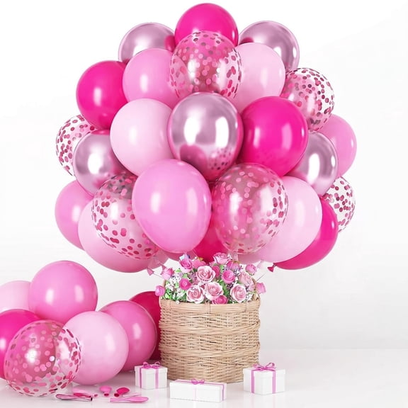 60PCS Hot Pink Light Pink Balloon Garland Kit, 12 Inch Metallic Silver Pink Confetti Latex Balloons with Ribbon for Girls Birthday Baby Shower Bridal Shower Wedding Princess Party Decorations