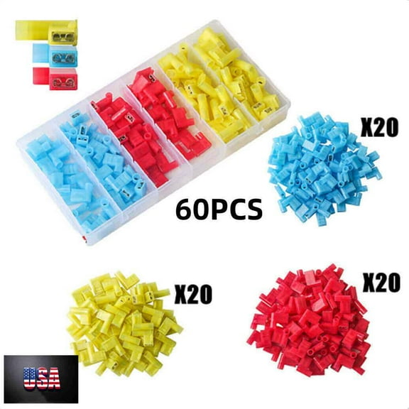 60PCS Insulated Nylon Female Flag Terminal 90 Degree Right Angle Connectors Kit