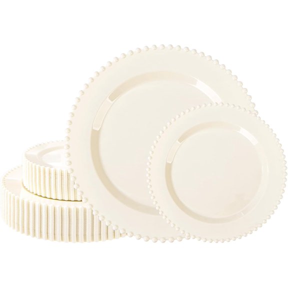 60PCS Ivory Plastic Plates - Beaded Ivory Plates Disposable Heavy Duty - Perfect for Party, Baby Shower, Wedding, Birthday - Include 30PCS 10inch Dinner Plate & 30PCS 7inch Dessert Plate