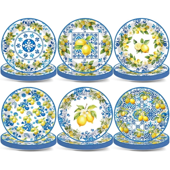60PCS Lemon Party Paper Plates Lemon Theme Decorations Summer 7In Blue Tiles Yellow Fruit Dessert Plates Disposable Tableware Dinnerware Set for kids Baby Shower Birthday Mediterranean Party Supplies