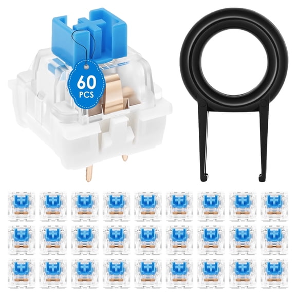 60Pcs Keyboard Clickers for 3D Prints 3 Pin Blue Mechanical Switches, Clicky Keyboard Switch Replacement with Puller for Fidget Toys and DIY Gaming Keyboards Clicky Switch
