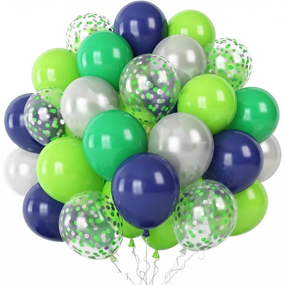 60PCS Navy Blue Green Silver Balloon Garland Kit, 12 Inch Metallic Lime Green Confetti Latex Balloons with Ribbon for St. Patrick's Day Birthday Graduation Soccer Baby Shower Party Decorations