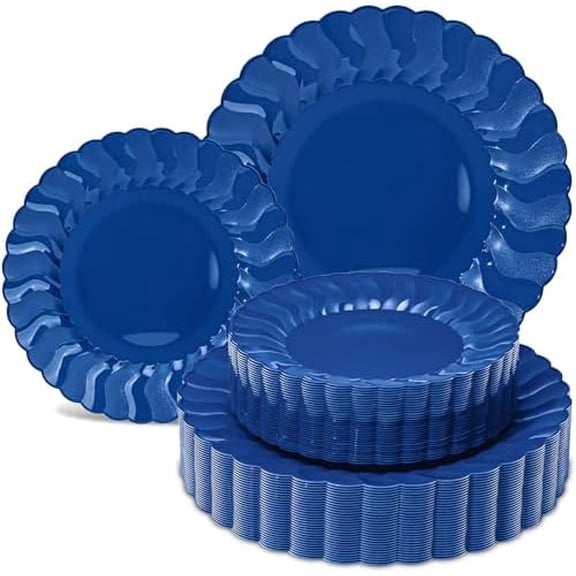 60PCS Navy Blue Scalloped Plastic Plates, Disposable Elegant Party Plates Include 30pcs Dinner Plate 10.25", 30pcs Plastic Dessert Plate 7.5", Perfect for Wedding and Party