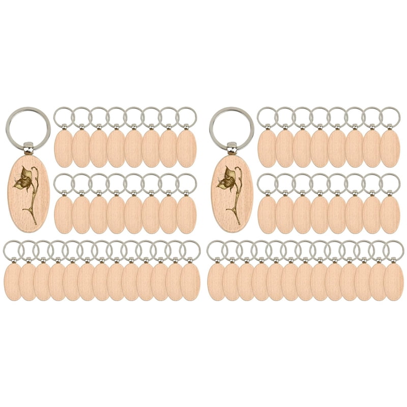 60PCS Oval Wooden Keychain Blanks Unfinished Wood Keychain Blank Key Ring Key Tag Wood Engraving Blank Keychains