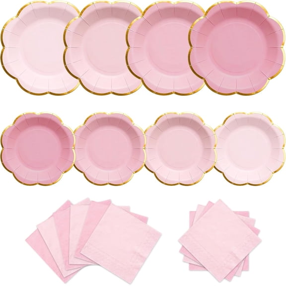 60PCS Pink Gold Rim Scalloped Disposable Tableware Set for 20 Guests, Paper Plates & Napkins for Mother's Day Girls Birthday Baby Shower Tea Party