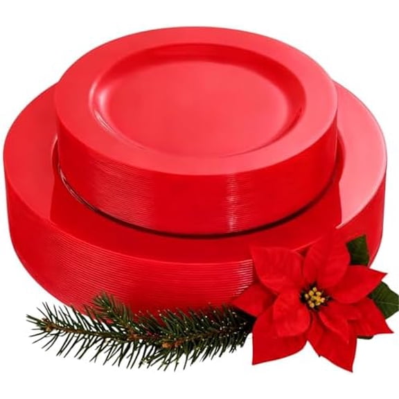 60PCS Red Plastic Plates - Heavy Duty Red Plates Disposable for Party - Include 30PCS 10.25inch and 30PCS 7.5inch for 30 guests Party & Christmas & New Year