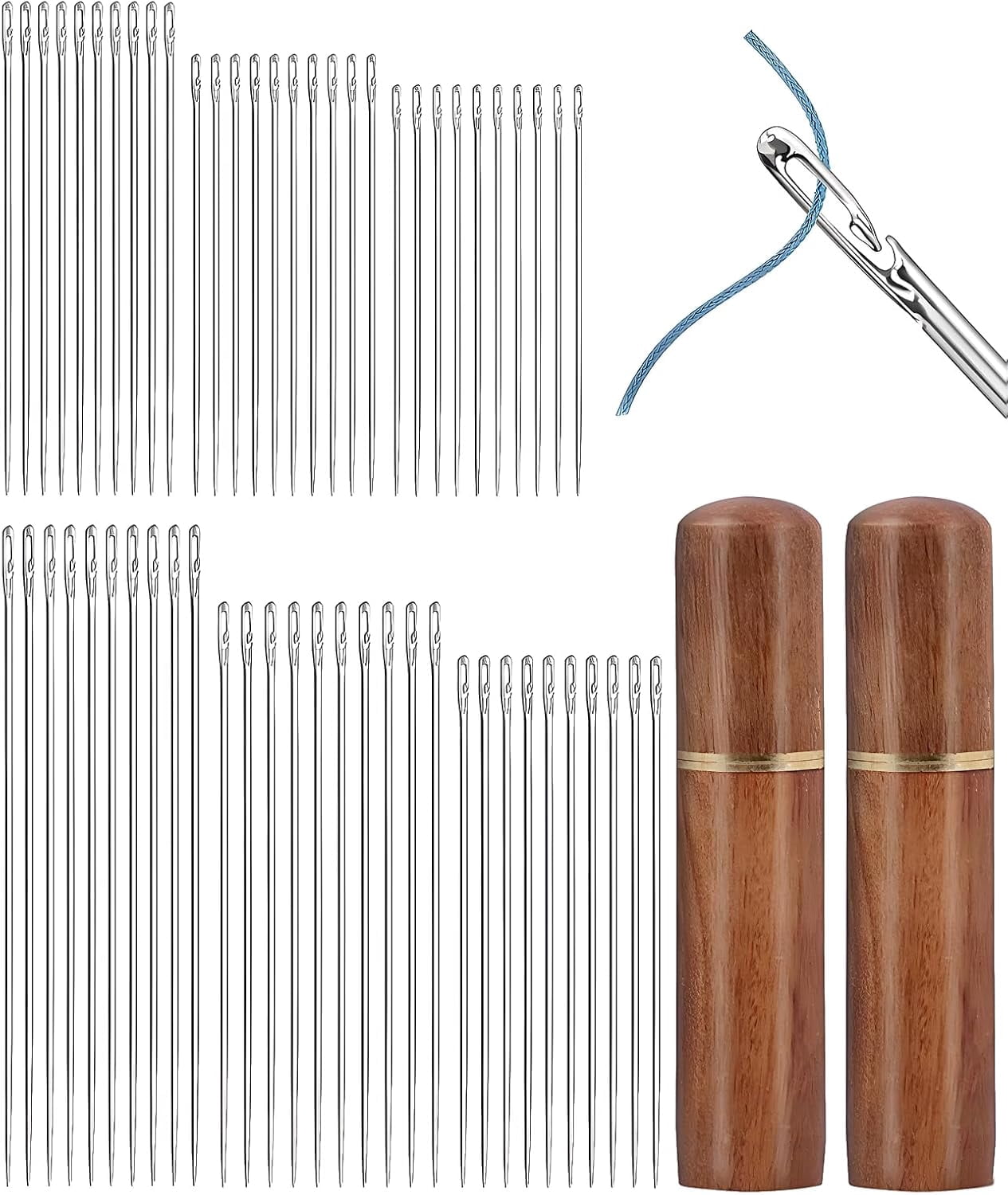 60PCS Self Threading Needles, 6 Sizes Side Opening Large Eye Embroidery Needles for Hand Sewing with Wooden Case