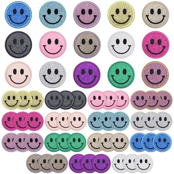 60PCS Smiley Iron on Patches Sequin Round Chenille Cute Smiley Face Patches for Diverse Range of Fabric Clothes DIY Projects$$Art & Craft