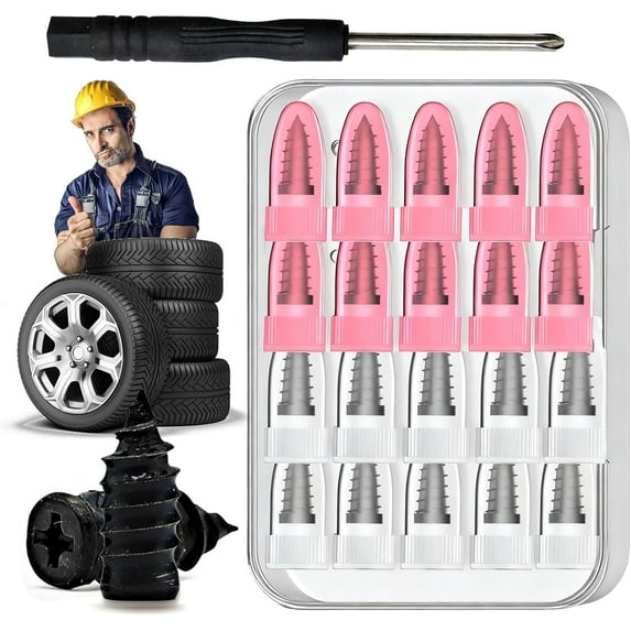 60PCS Tire Repair Rubber Nails Kit with 2 Sizes, Tire Repair Rubber Nails Kit with 2 Sizes, Tire Rubber Nail Repair Kit, Screw in Tire Repair Plugs with Box and Screwdriver, Tire Plugs Kit (40Pcs)