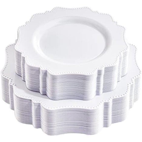 60PCS White Plastic Plates for 30 guests-Fancy Plastic Beaded Plates,Plastic Plates for Party, Elegant White plates,Include 30 PCS 10.5" Dinner plates & 30PCS 8.25" Dessert plates for easter