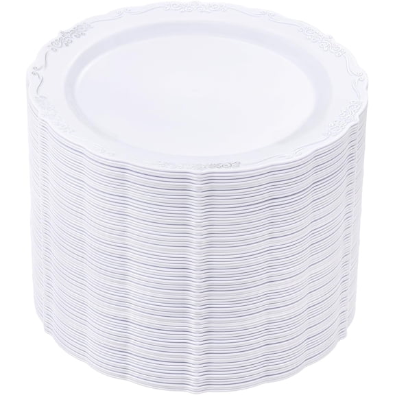 60PCS White and Silver Plastic Plates, Heavy Duty White and Silver Disposable Plates Premium 7.5inch White Dessert Cake Salad Appetizer Platos Hard Plastic Platos Disposable for Party Wedding