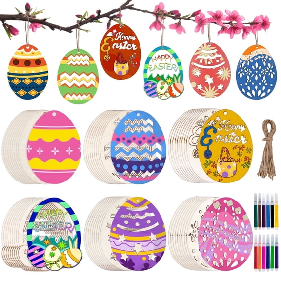 Scidweet 60PCS Wood Easter Egg Ornaments Egg Wood DIY Crafts Cutouts Easter Egg Unfinished Wood Slices for Painting Crafts and Easter Decoration