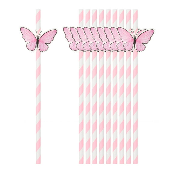 60Pack Butterfly Stripe Paper Straws, Disposable Drinking Straws, Pink