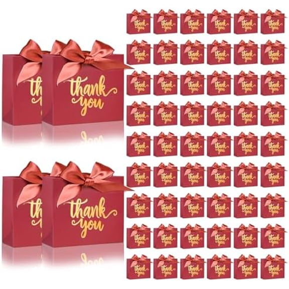 60Pack Mini Thank You Gift Bags, 4.5x1.8x3.9 Inches Red Paper Gift Bags With Ribbon for Wedding, Candy Favor Boxes, Birthday Party, Baby Shower, Anniversary