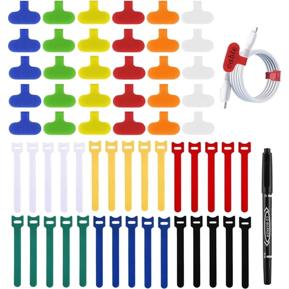 60Pack Reusable Cable Labels & Cord Organizer Kit-Color-Coded Write-on Wire Labels with Marker + 30 Ties for Home