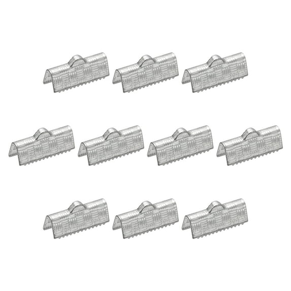 60Pack Ribbon End Crimp Clamps, 15mm Stripe Texture Stainless Steel Pinch Cord End Clasps, Silver Tone