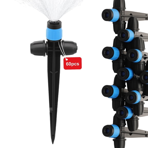 60Pcs 1/4 Inch Drip Irrigation Emitter 360 Degree Adjustable Spray Head Sturdy Plastic Ground Insert Sprinkler Head Multi Flow Mode Quick Connect Garden Watering Nozzle for Plant Irrigation