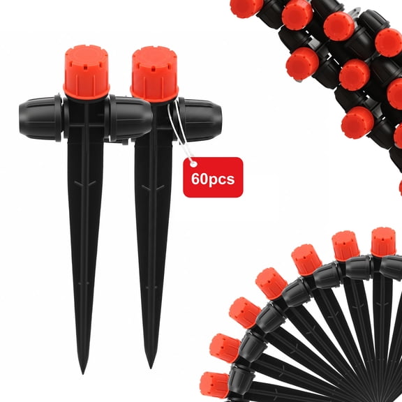 60Pcs 1/4 Inch Drip Irrigation Emitter 360 Degree Adjustable Spray Head Sturdy Plastic Ground Insert Sprinkler Head Multi Flow Mode Quick Connect Garden Watering Nozzle for Plant Irrigation, Red