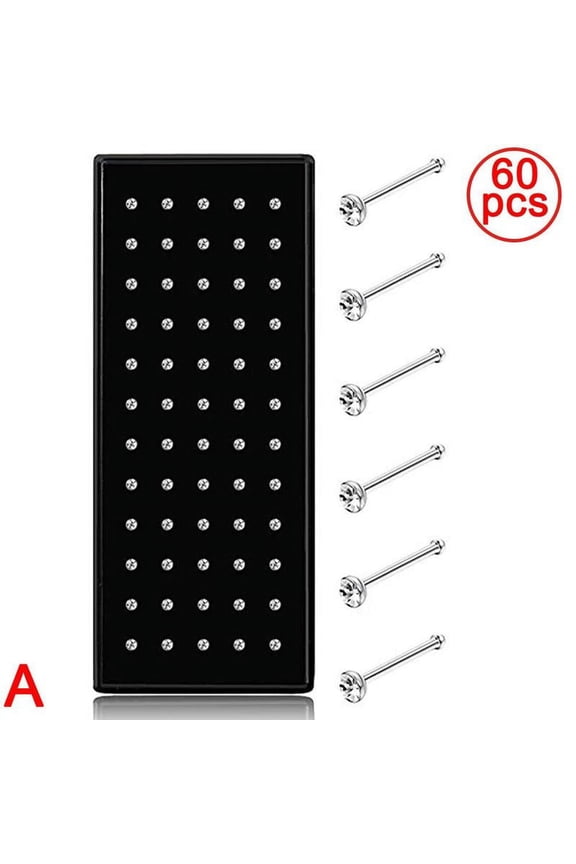 60Pcs 1.8mm Thin Nose Studs Hoop Ring Jewelry with Ball End Bar, Steel Rhinestone Options