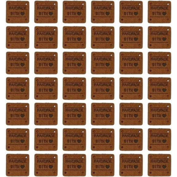 60Pcs 1 x 1 Inch PU Leather Tags Brown Square Handmade with Love Heart Embossed Microfiber Leather Labels